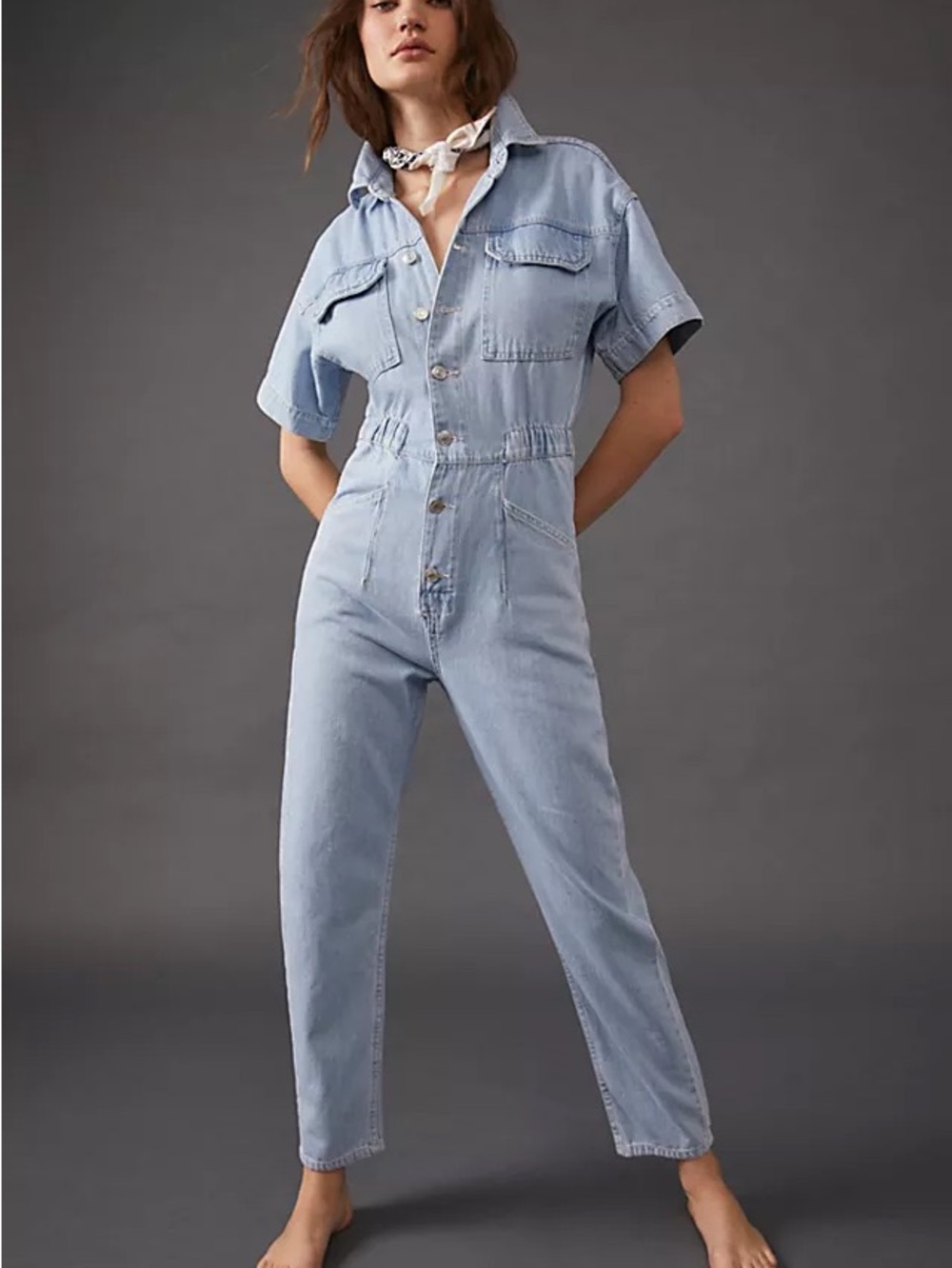 Free People Light Blue Denim Straight-Leg Jumpsuit